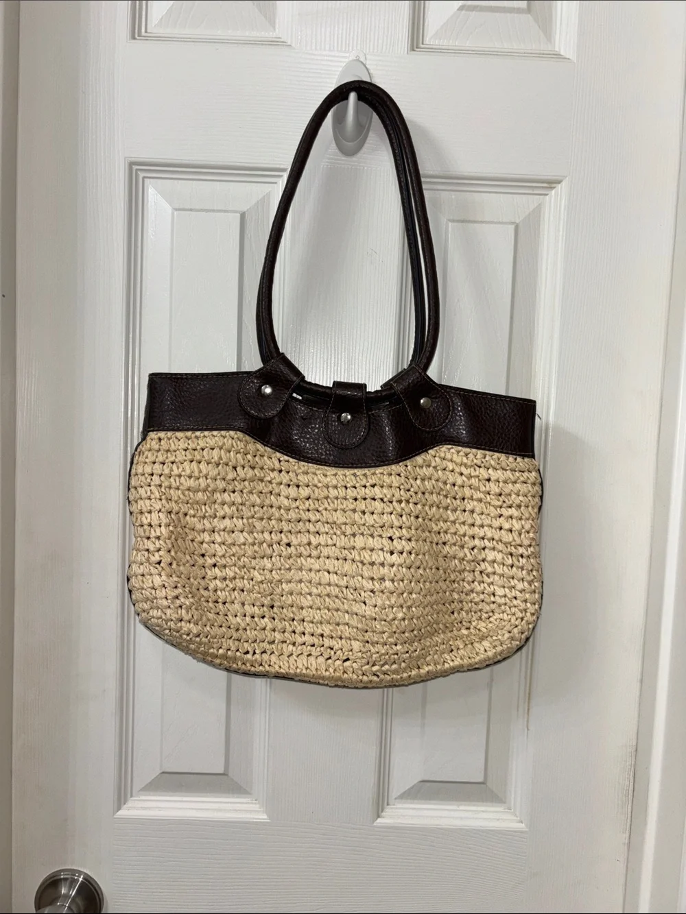 Woven Straw Tote with Dark Brown Trim